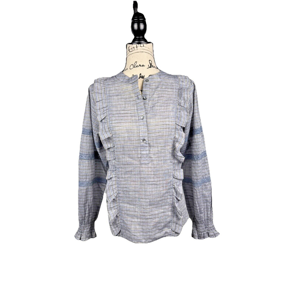 FRNCH Paris Blouse Jada Stripe Ruffled Metallic Medium Cottagecore Peasant Blue - Picture 1 of 15